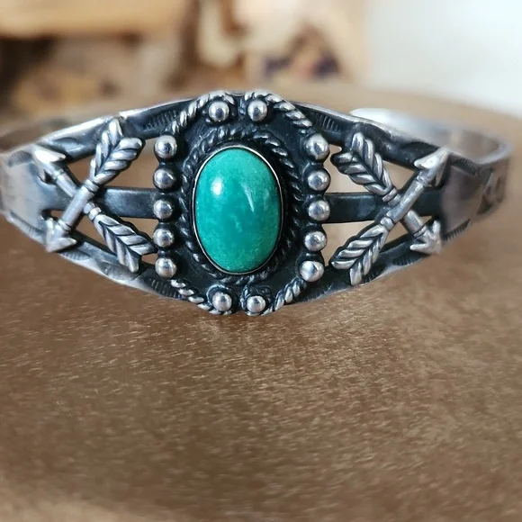 Cool Vintage Native American Turquoise Fred Harvey Cuff Bracelet 💚🎁🩶 - Picture 15 of 15